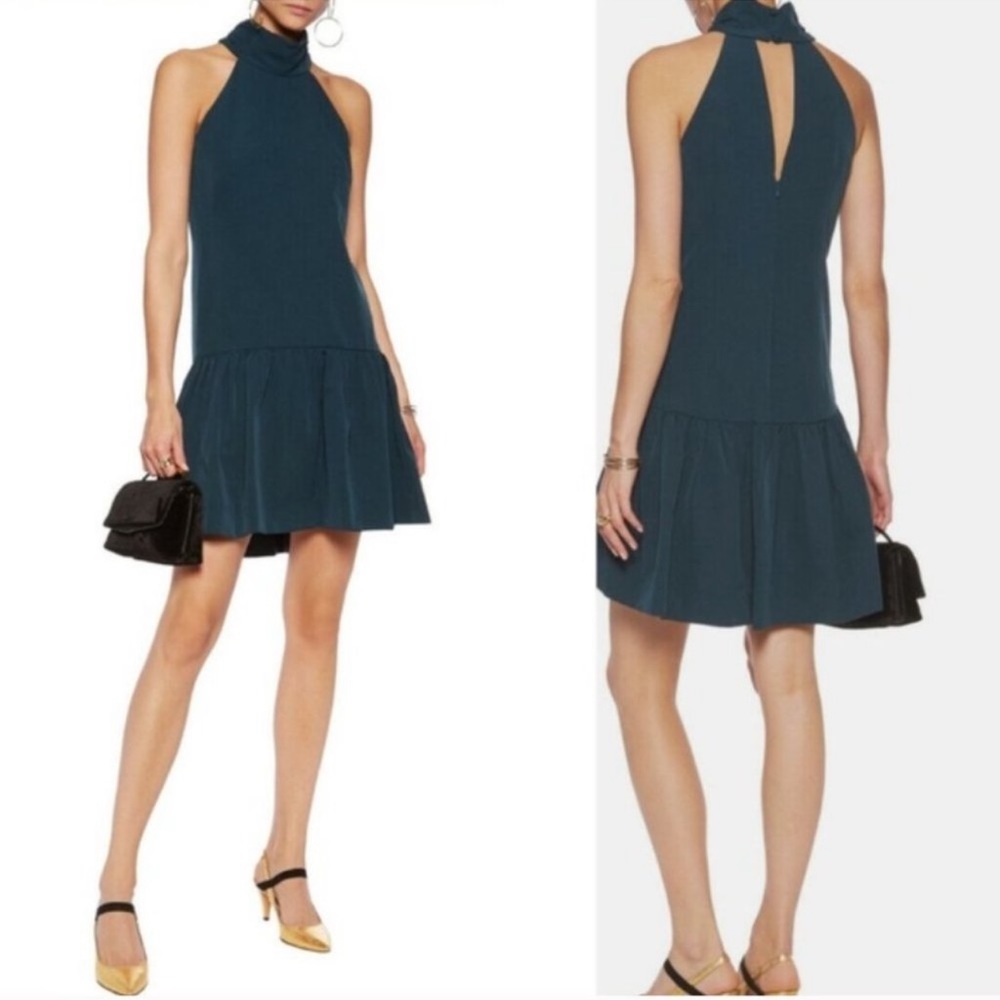 Milly Drop Waist Halter Ruffle Hem Mini Dress Katelynn in Peacock Blue